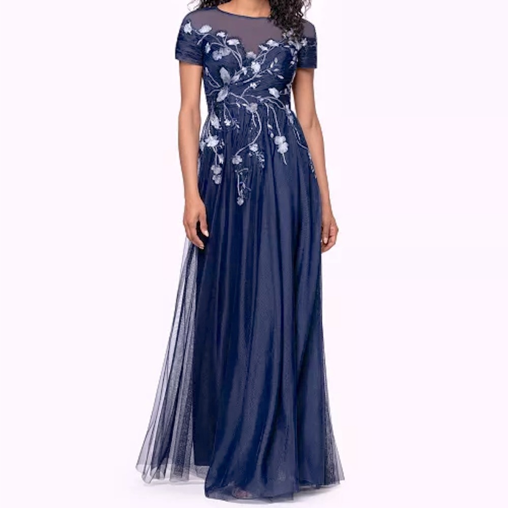 Betsy & Adam Mesh Sequin Embroidered Cap Sleeve Gown,sz 8, new